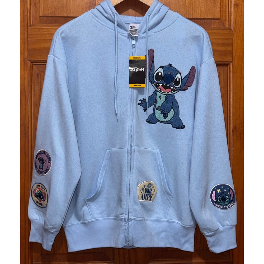 Disney Stitch Light Blue Zip Up Hoodie Womens Medium Patches New